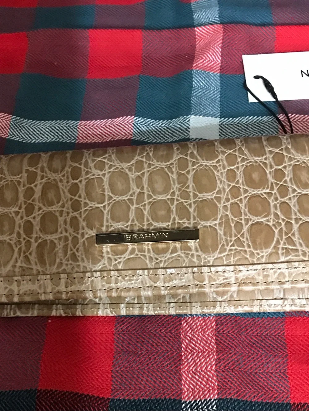 Brahmin Beige Croc-Embossed Trifold Wallet with Metal Logo